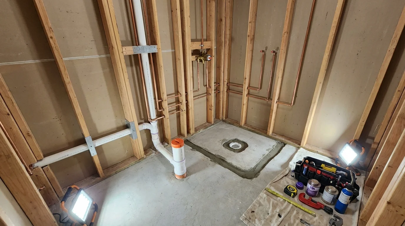 Bathroom rough-in plumbing during remodel by Johns Plumbing LLC in Highwood