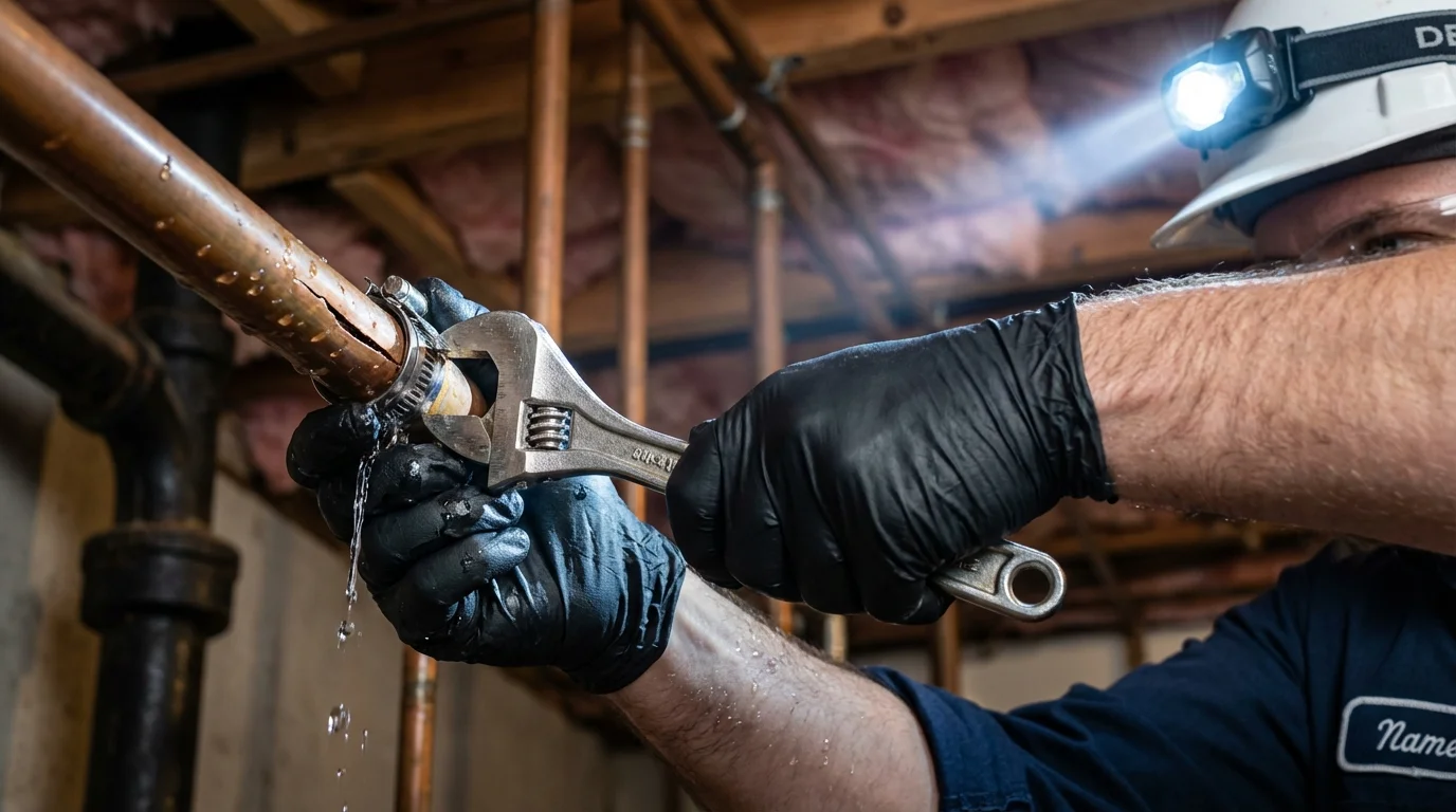 Emergency pipe clamp repair being performed by a Johns Plumbing LLC plumber in Highwood