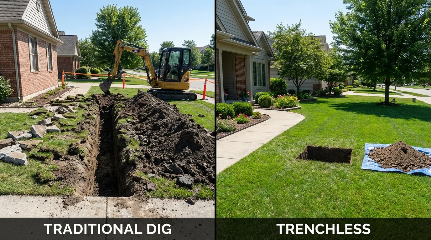 Trenchless sewer repair with minimal yard damage versus traditional excavation in Highwood, IL