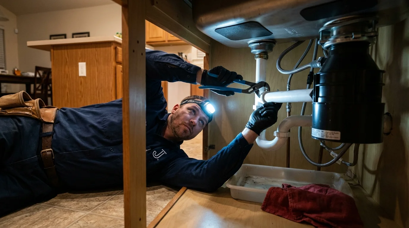 P-trap and supply line connections under a kitchen sink showing a common leak point in Highwood, IL